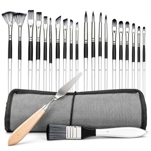 JYN-ANREN 24Pcs Multi-Shape Paint Brushes Set for Acrylic Oil Watercolor & Gouache with Palette Knife and Waterproof Canvas Roll Synthetic Bristles Art Supplies for Artists & Beginners