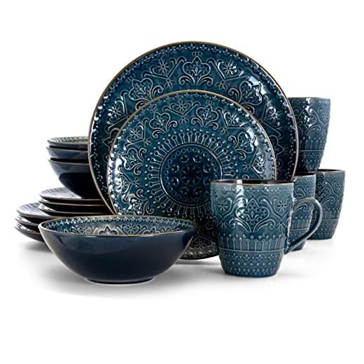 Elama Round Stoneware Embossed Dinnerware Dish Set, 16 Piece, Sea Blue with Brown Trim