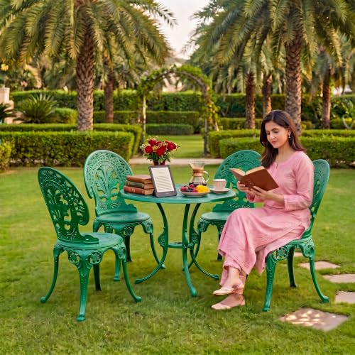 Image of BRISHI Cast Aluminium Garden Patio Seating Chair and Table Set for Balcony Outdoor Furniture with 1 Table and 4 Chair Set (Green)
