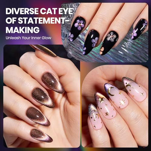 Image of Beetles Cat Eye Gel Nail Polish Set - 6 Colors Chameleon Cat Eye Black Glitter Blue Pueple Gold Green Gel Polish with Magnet Soak Off UV Velvet Gel Enchanted Spectrum Collection Salon Gift for Women