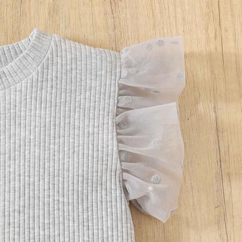 Image of OPAWO Toddler Girl Shirts Short Sleeve Ribbed Cotton Baby Tee Girls Tops | Polka dot tulle puff sleeves, Super soft and lightweight, Solid color, Versatile, Fit for summer, 12 Months to 8 Years