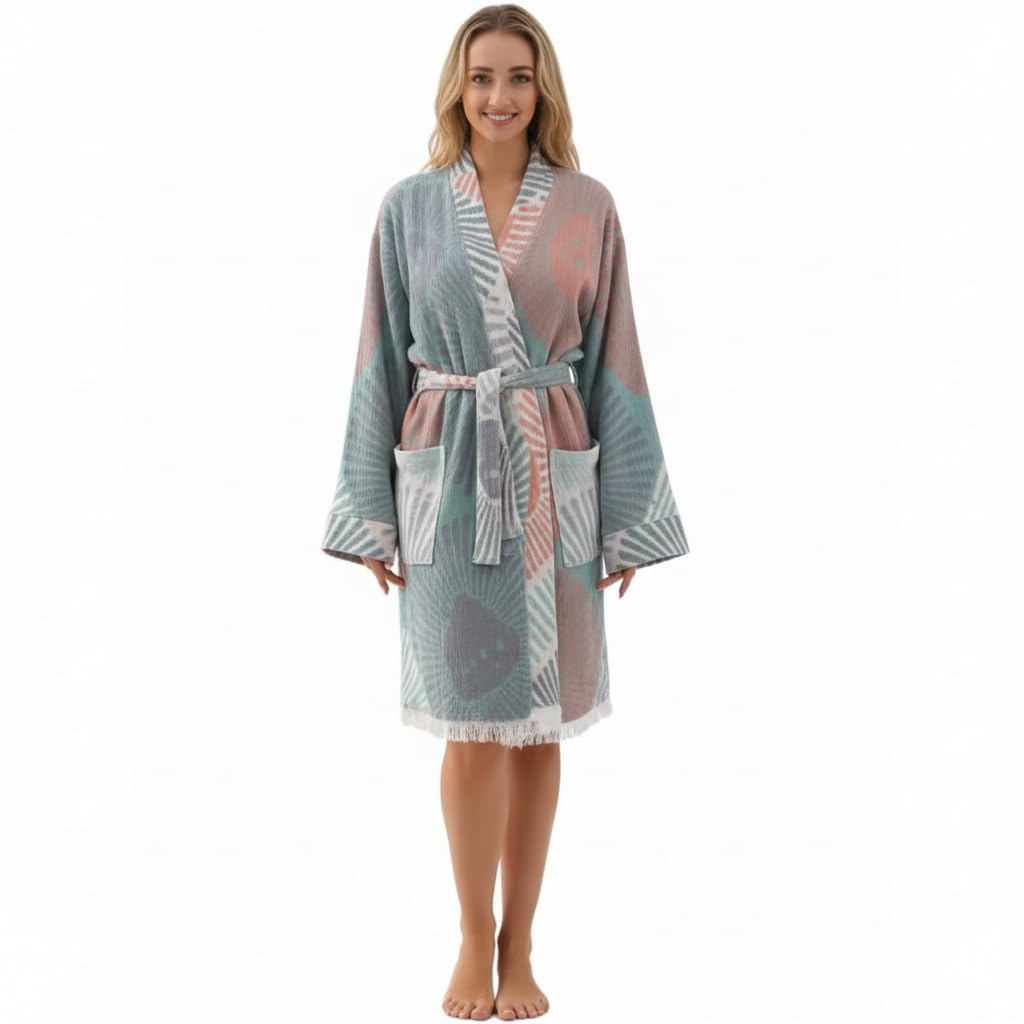 Hand Block Print Organic Turkish Cotton Waffle Fabric Blue Bathrobe For Women's Ultra-Soft & Lightweight After Bath Spa Bathrobe Grey | Highly Absorbent-picture-12