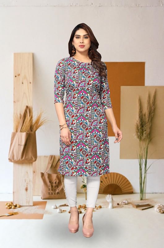 Image of JAKHANA Women's Crepe Printed Casual Straight Calf Length Round Nick Kurta Pack of 4