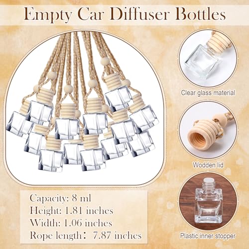 Image of DaisyInner 100 Sets Car Diffuser Bottles Empty Bulk Hanging Car Air Freshener Diffuser Bottles Glass Perfume Holder with Instruction Cards for Essential Oil Wedding Bridal Birthday Gifts (Square)
