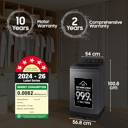 Image of Samsung, 10kg, 5 Star, Eco Bubble, Hygiene Steam, Quick Wash, Magic Dispenser, Smart Check, Soft Closing Door, Digital Inverter, Fully-Automatic Top Load Washing Machine, WA40F10H2BTL, Black Caviar