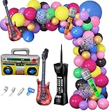 Amandir 80s 90s Theme Party Decorations, 90Pcs Balloon Garland Kit 5PCS Disco Ball Radio Boom Box Retro Mobile Phone Guitar Microphone Foil Balloons for Back to 80s 90s Hip Hop Birthday Supplies