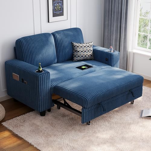 Image of LINSY HOME Loveseat Sofa with Pull Out Couch Chaise: 2-in-1 Convertible 2 Seater Sofa with USB Charging & Cup Holders, Comfy Plush Corduroy Love Seat for Small Spaces Living Room Apartment, Blue