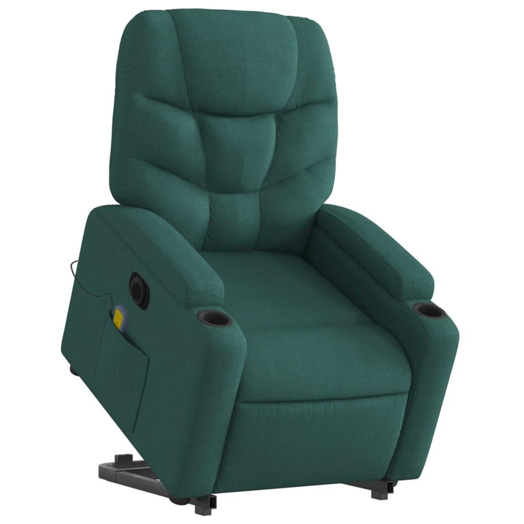 Sillón elevador eléctrico con masaje de tejido verde oscuro con 6 puntos de vibración y reclinación de 135 grados, función de elevación eléctrica, asiento acolchado,