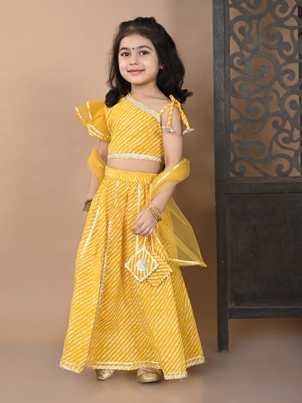 Image of superminis Girl's Cotton One Shoulder Lehariya Printed Readymade Lehenga Choli And Net Dupatta Set
