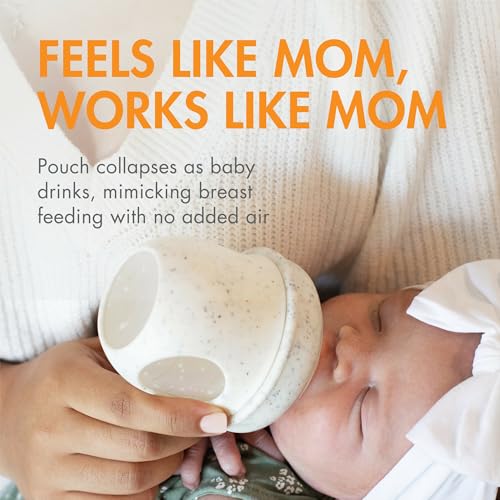 Image of Boon Nursh Reusable Silicone Pouch Baby Bottles - Slow Flow Nipple - Silicone Baby Bottle Pouch and Nipple - Baby Feeding Essentials - Speckle - 0-3 Months - 3 Count - 4 Ounce (Pack of 12)