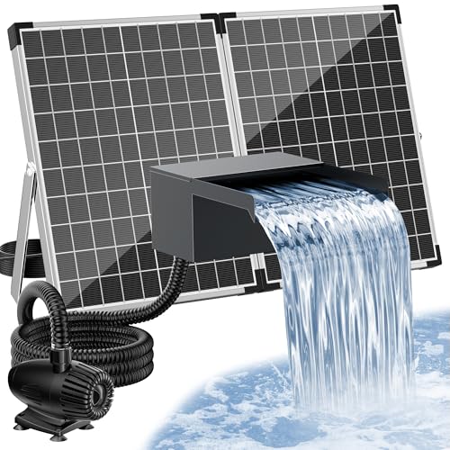 POPOSOAP Cascade d’Étang Solaire 55W, Cascade en Acier Inoxydable 20 cm de Large, Pompe de Bassin 2000 L/h, Tuyau Ondulé 3 m, Fonctionnement Autonome pour Jardin...