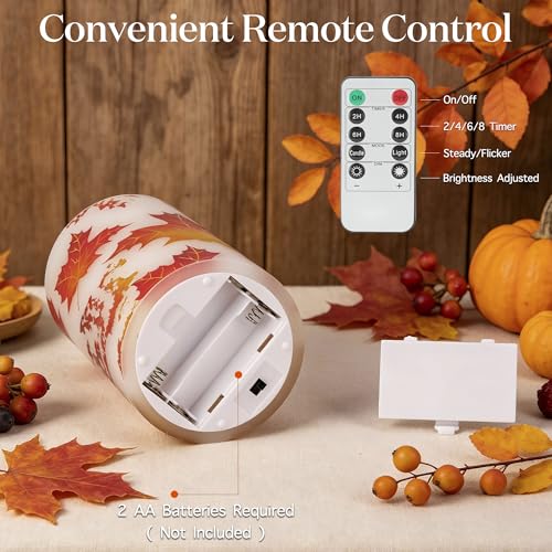 Image of JOIONE Maple Leaf Flameless Pillar Candles with Remote, 3 Pack Fall Decor | Battery Operated LED, Maple Leaf Design, Real Wax, Remote Control, Warm Flickering Glow, Safe Fall Home & Party Decor