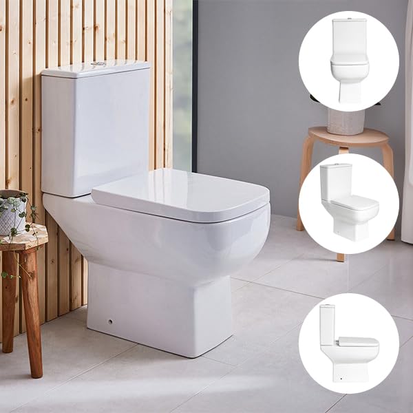 Square Rimless Close Coupled Toilet WC with Heavy Duty Soft Close Seat and Chrome Dual Flush Button 600mm Projection