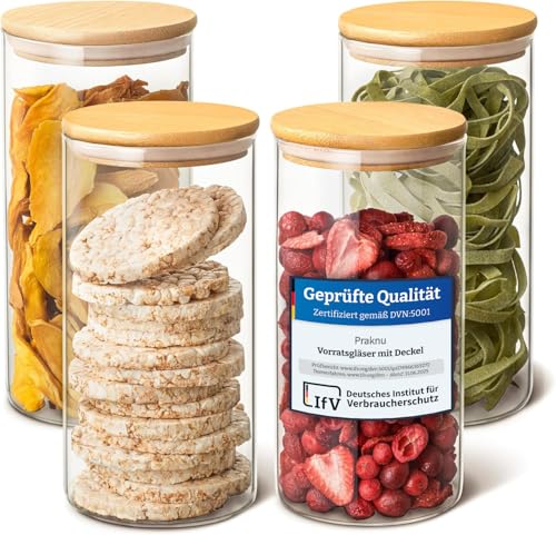 Praknu Vorratsgläser mit Deckel Luftdicht - 4x 1200ml - Vorratsdosen Glas mit Holzdeckel und 8 Dichtungen - Aufbewahrungsgläser Set für Küche - Mottensicher