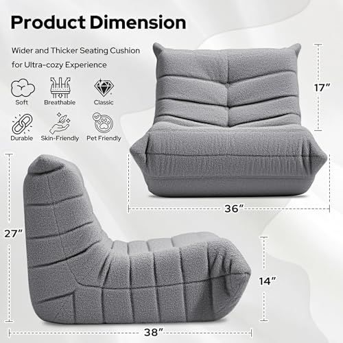 Image of HABUTWAY Bean Bag Chairs Fireside Lazy Floor Sofa,Single,Light Grey | Soft Teddy Fleece Bean Bag Sofa with High-Resilience Foam Filling,Beanbag for Living Room, Bedroom, Office