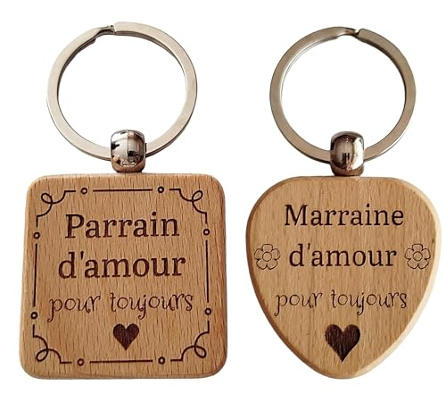 Porte-clés Parrain et Marraine en Bois Gravé et Personnalisé Lot de 2 - Cadeau Parrain et Marraine - Idéal Baptême, Anniversaire