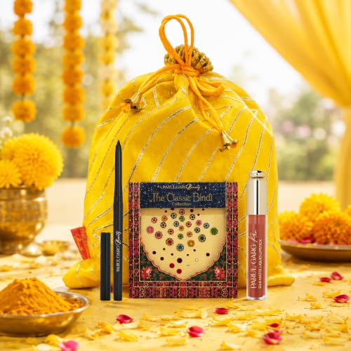 Image of Parul Garg Beauty Haldi Celebration Gift Pack | Festive Makeup Gift Set with Fire Lily Silk Matte Liquid Lipstick, Kajal, Utsav Bindi Patta with Basanti Yellow Potli for Women