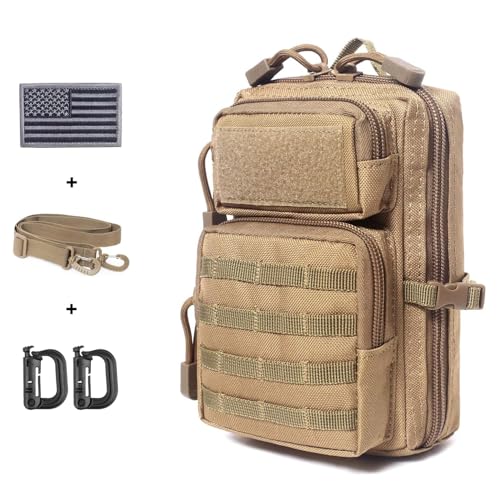 Tactical Molle Pouch Compact EDC Tool Pouch Bag Mini Utility Pouch with US Flag Patch, Shoulder Strap & Two D-Rings (Tan) - Tacticool