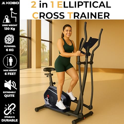 Image of Kobo Elliptical Cross Trainer for Home with 6 Kg Flywheel | Full Body Cardio Workout Machine | Adjustable Resistance | LCD Display | Max User Weight 130 Kg