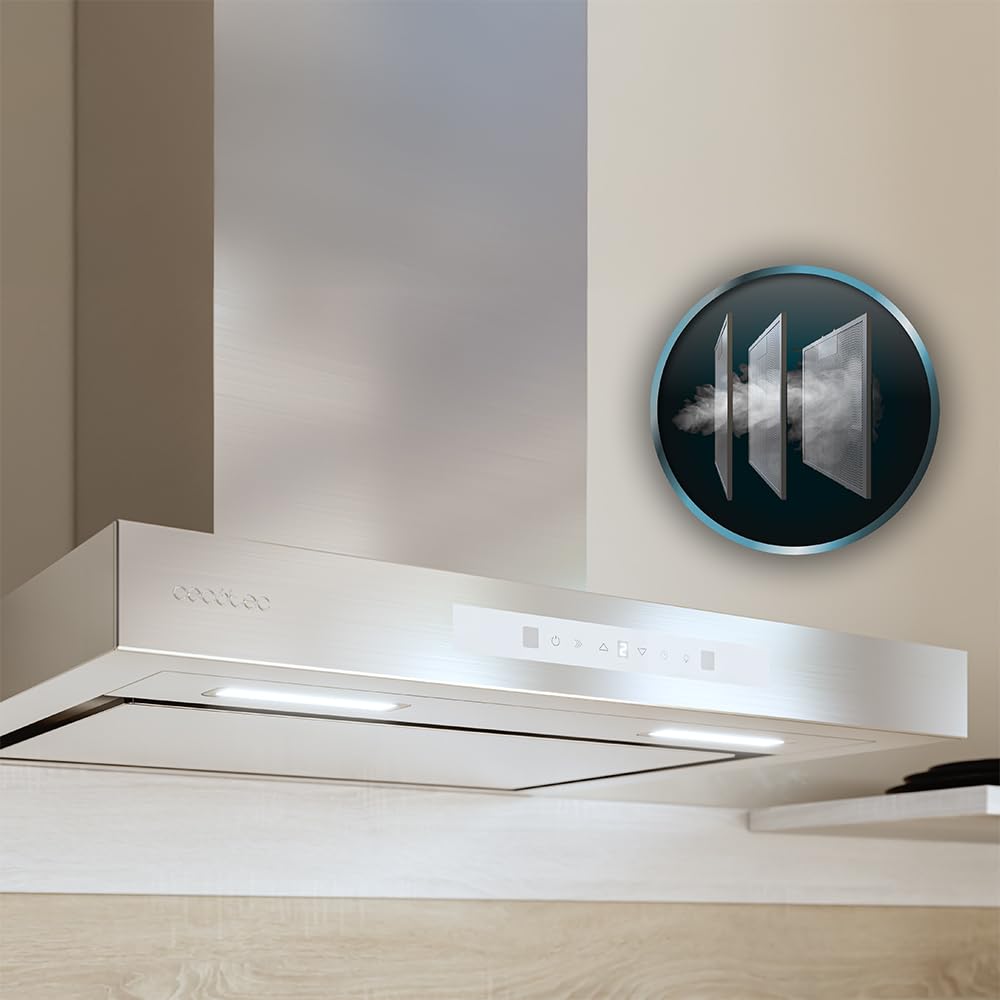 Cecotec Campana Extractora 60cm Tipo T Bolero Flux Tt 608000 Slim Glass White A++. Acabado Acero Inox Succión 800M3/H, Bajo Consumo, Display Táctil, Filtro Carbono, Hand Movement Control