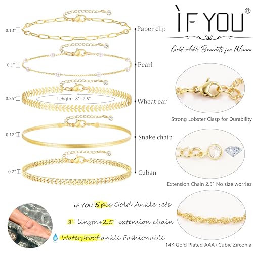 iF YOU Gold Ankle Bracelets for Women, 14k Gold Plated Waterproof Cuban Pearl Snake Chain Anklets Set, Gold Anklets for Women Beach Gift Adjustable Size4