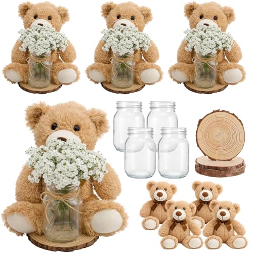 Guiqulai 37 Pcs Bear Baby Shower Centerpieces Babybreath Mason Jar with Bears Wood Slices Rope Boho Rustic Table Decoration for Birthday Gender Reveal Party Supplies