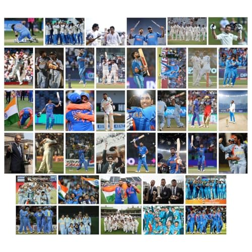 Image of Cricket Poster | Set of 40 Mini Cricketers Posters (15 X10 Cm) | Posters for wall, boys, hostel | Best Gift for Cricket lovers, Virat Kholi, Rohit Sharma, MS Dhoni | Glue Dots Included