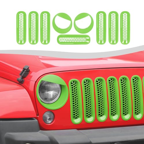 Image of Mesh Grille Grill Insert+ Headlight Turn Light Cover Trim Fit for 2007-2018 Jeep Wrangler JK JKU Style A(Green)