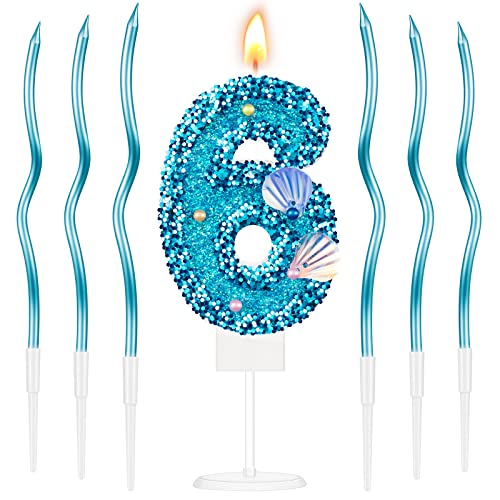 Landhoow 2.76 Inch Birthday Candle Shell Sequins Blue Candle With 6 Pcs 6.7 Inch Twisty Curly Coil Candles For Baby Girl Boy Birthday Cake Topper Anniversary Wedding Mermaid Party Decor(Number 6) #TOP30