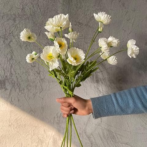 Goodangie00 6Pcs Lifelike Artificial Flowers Silk Poppy Flowers Bouquet for Home Decor Wedding Party Office Table Centerpiece Arrangement (White) Cover