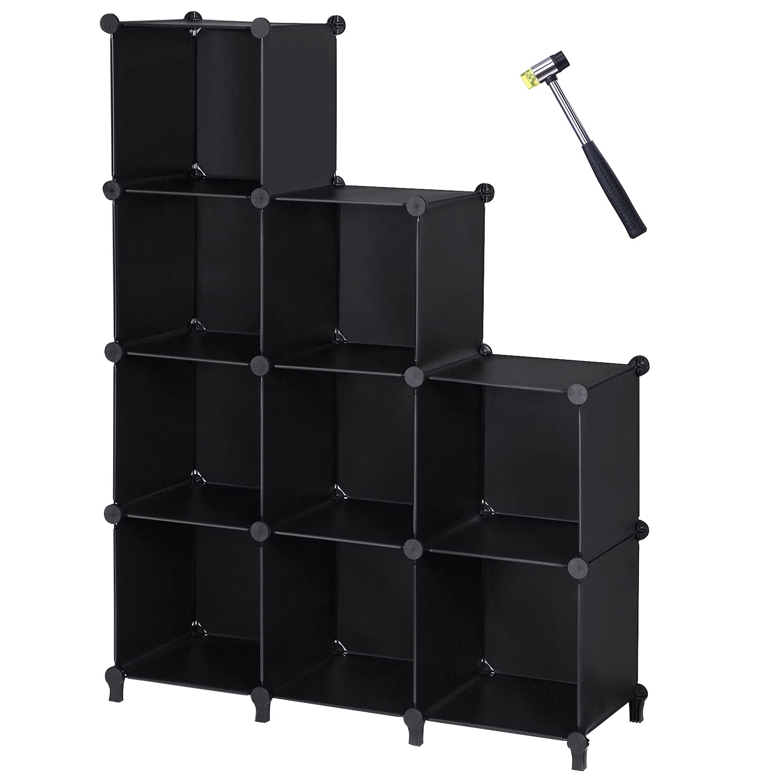 ANWBROADCube Storage Organizer 9-Cube DIY Closet Cabinet Plastic Bookshelf Modular Bookcase Storage Shelves with Rubber Hammer Shelving for Home, Bedroom, Office, Living Room Black LCS009B