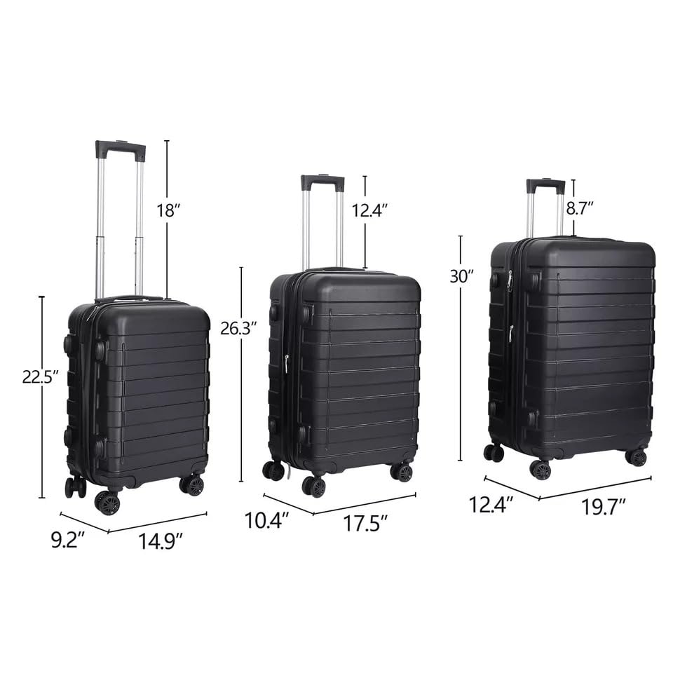 VcJta 3-Piece Hardside Luggage Set in Black, Lightweight Carry-On Suitcase with Wheels - Travel in Style & Convenience4