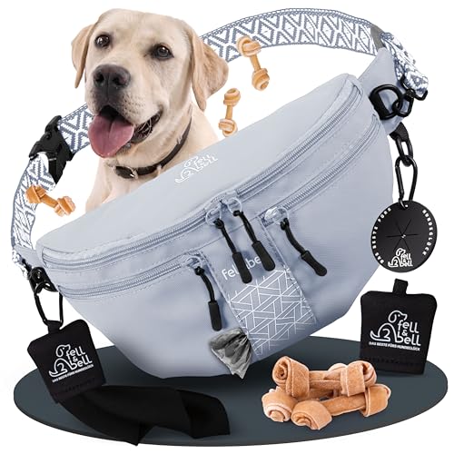 fell&bell Leckerlitasche für Hunde – wasserfester Leckerlibeutel mit 2 Snackfächern, 1,8 L Hauptfach, Handyfach & Kotbeutelspender | Futterbeutel Hundetraining & Hundetasche für Welpen Zubehör