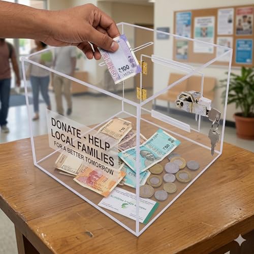 Image of Rasper Transparent Acrylic Donation Box Daan Patra Daan Peti Visiting Card Drop Ballot Charity & Coupon Collection Box (Small Size 6x6x6 Inches, Square Shape) with Lock Facility