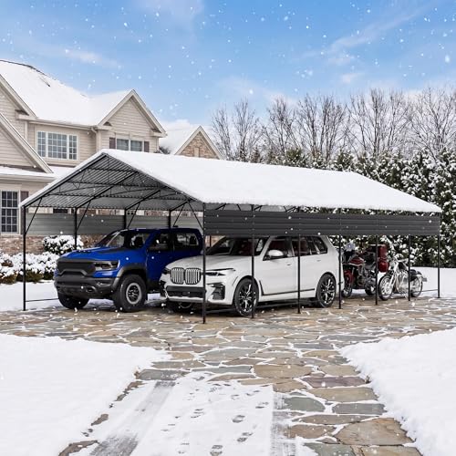 Image of Greesum 20x30FT Heavy Duty Metal Carport with Side Support Rods, Car Port with Vertical Steel Roof for All-Weather Use, Canopy Shelter for Car, Pickup Trucks, Party, Boats, Black