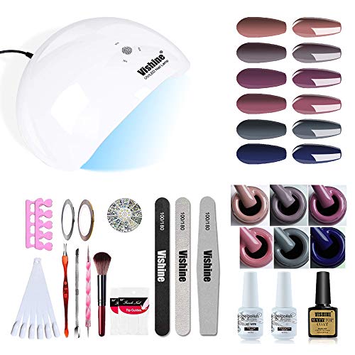Vishine Nagellack-Set, semi-permanent, 72 W, professionelle LED-Lampe, Nageltrockner, 6 Farben, Gel-Nagellack, Top Base…