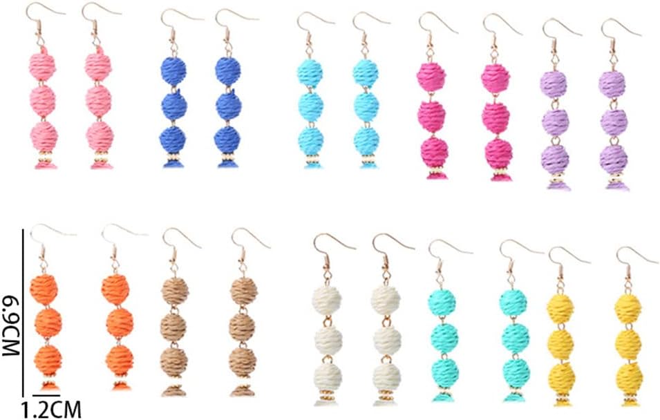 Colorful Long Natural Rattan Raffia Ball Drop Dangle Earrings Boho Handwoven Braid Straw Wicker Beaded for Women Handmade Bohemian Summer Beach Holiday Jewelry image 2