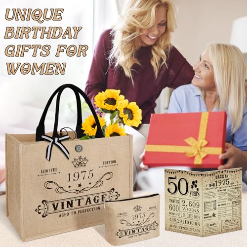 Image of YeohJoy 50th Birthday Gifts for Women Jute Tote Bag, Vintage 1975 Burlap Bag with Cosmetic Bag and Back in 1975 Poster, Unique 50 Years Old Gifts for Mom Friends Wife Sister Her