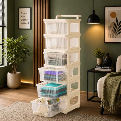 Image of URBAN LUXY Plastic Storage Drawer Organizer with Wheels | Multi-Purpose Chest of Drawers for Home, Office & Bedroom | Clothes, Toys & Stationery Organizer (Ivory & Brown, 7 Layer)