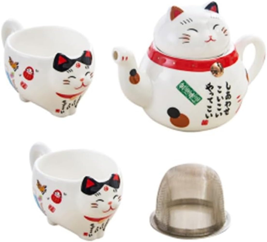 Maneki Neko Lucky Cat Ceramic Teapot Set 6oz with 2 Cups and Filter