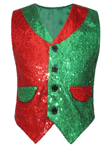 Hedmy Kids Boys Christmas Vest Xmas Holiday Party Waistcoat V Neck Sequins Stage Show Top with Flap Pockets