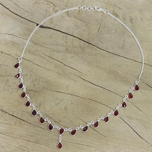 NOVICA Artisan Handmade Garnet Waterfall Necklace Artisan Crafted Sterling Silver Red India Birthstone [16.5 in L x 0.2 in W Extender 0.4 in L x 0.2 in W Pendant(s) 0.9 in L x 0.2 in W] ' Scarlet2