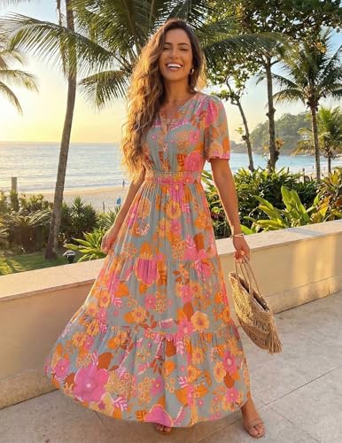 Image of ZESICA Women's 2026 Summer Spring Floral Boho Maxi Dresses Casual Short Sleeve V Neck A Line Flowy Beach Vacation Dress