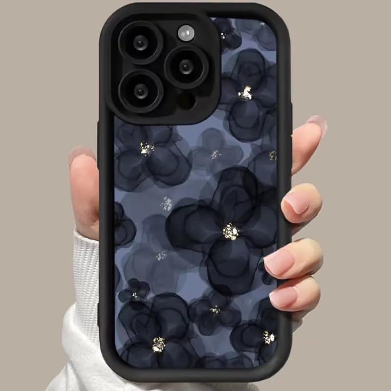 Image of COVERLY Floral Sparkling Back Case Cover for iPhone 16 Pro Max | Hot 3D Flower Black Cute Design | Lens Protection | Soft TPU Silicone Aesthetic Print Cover for Girls & Women (Black, Shockproof)