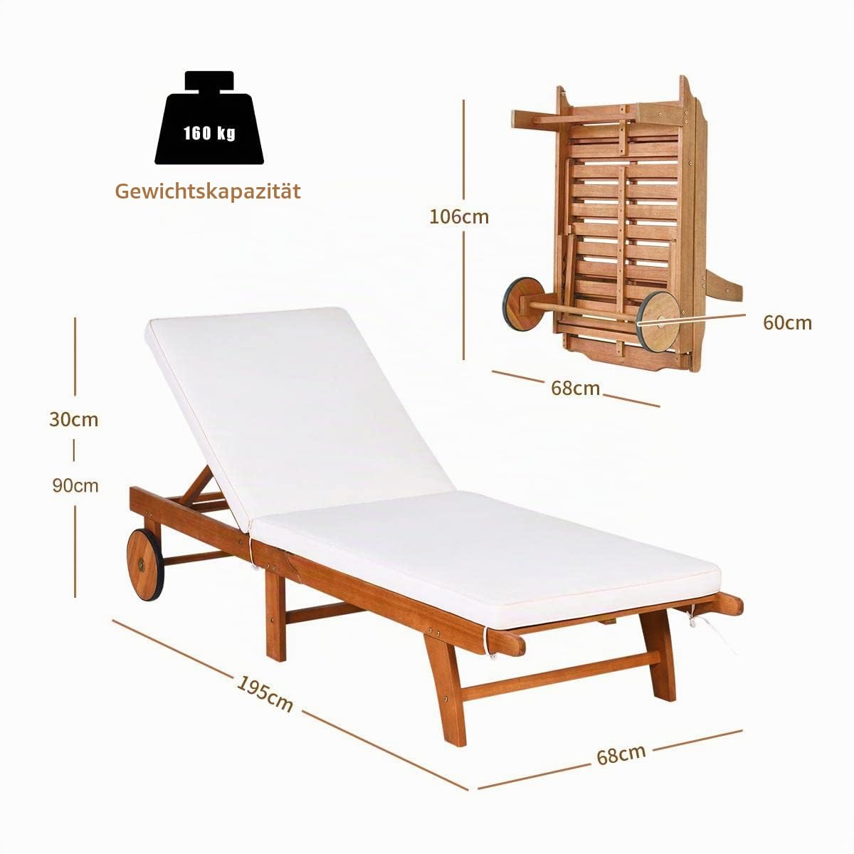 KOMFOTTEU Gartenliege mit Verstellbarer Rückenlehne, Sonnenliege aus Eukalyptusholz, Relaxliege mit Kissen & 2 Rädern, Liegestuhl bis 160 kg belastbar für Garten Terrasse Balkon, Natur & Beige