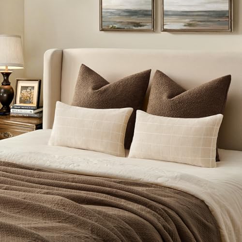 Image of MIULEE Beige Plaid Decorative Throw Pillow Covers 12x20 Set of 2 | Vintage Check Chenille Couch Pillows Neutral Boho Farmhouse Cushion Covers Modern Home Decor for Sofa Bed Living Room