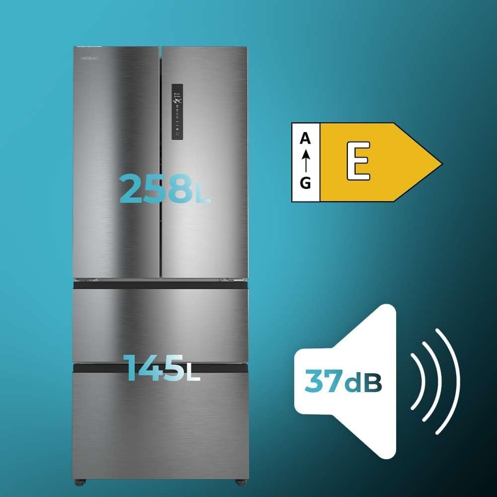 Cecotec Réfrigérateur Porte Française Total No Frost Bolero CoolMarket F2D 403 Inox E, Extra Capacité Max 403 L, Hauteur 170 cm et 70 cm Largeur, Tiroir FreshNessFlexHub, Compresseur Inverter