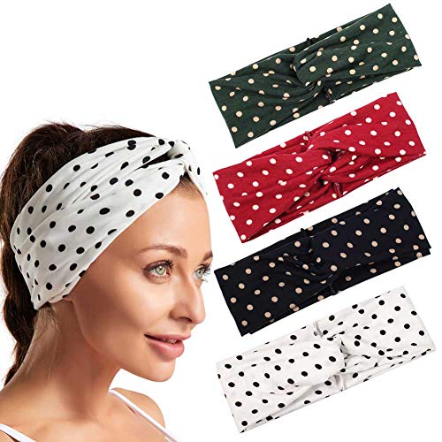 Vintage Elastic Headbands Polka Dots Cross Headband Twisted Turban Headwrap Yoga Workout Sports Hair Bands for Women Girls Merry Christmas Hair Accessories,4 Pcs