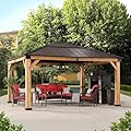 Sunjoy Hardtop Gazebo 13 x 15 ft. Upgrade Cedar Framed Wood Gazebo with Brown Steel and Polycarbonate Hip Roof Hardtop for Garden, Backyard Shade, Brown Roof + Natural Wood Frame