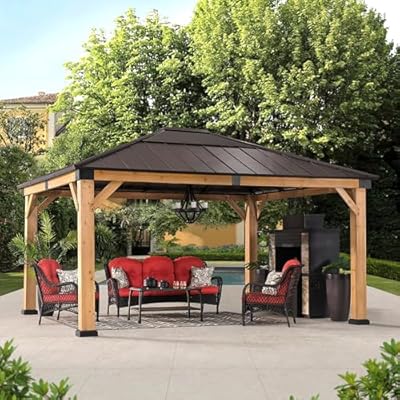 Sunjoy Hardtop Gazebo 13 x 15 ft. Upgrade Cedar Framed Wood Gazebo with Brown Steel and Polycarbonate Hip Roof Hardtop for Garden, Backyard Shade, Brown Roof + Natural Wood Frame